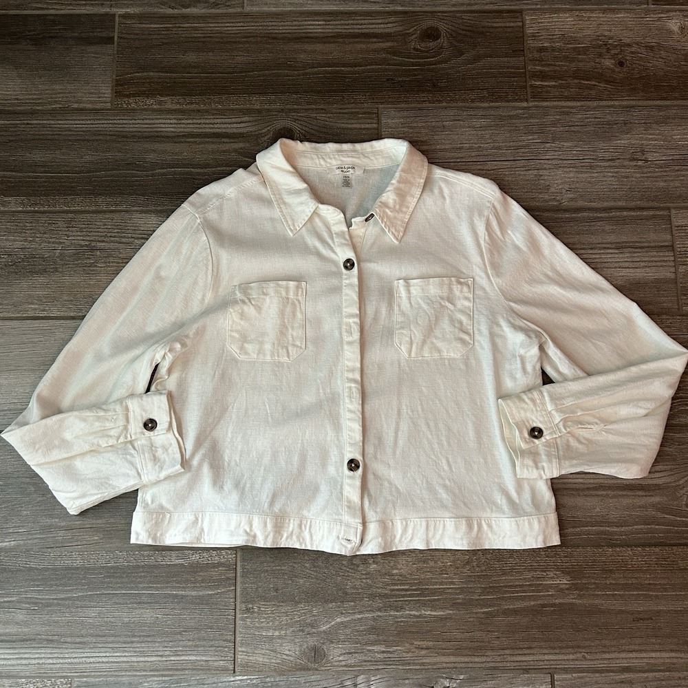 Cable & Gauge Studio White Linen‎ Blend Cropped Shirt Jacket Womens L